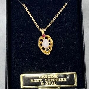Van Doran Gold Tone Oval Pendant Necklace Genuine‎ Ruby Sapphire Opal